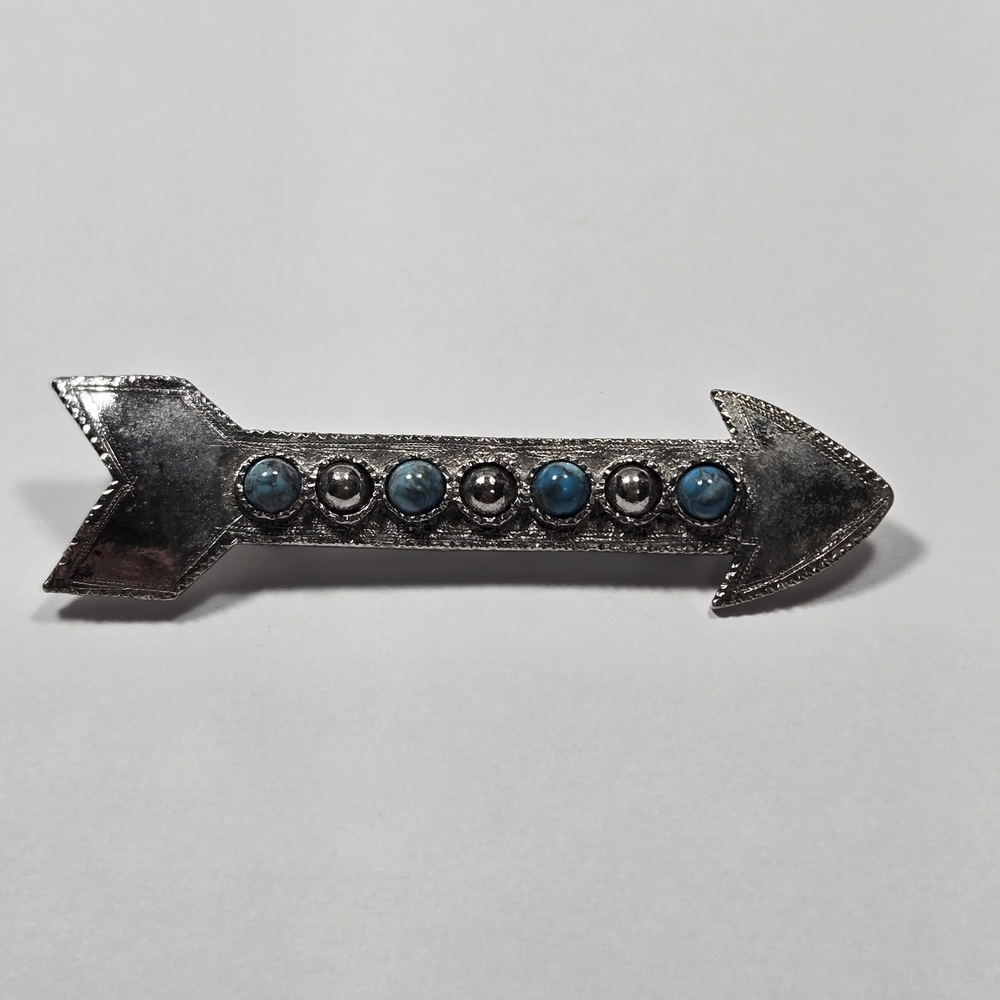 Silver Tone Arrow Brooch Or Tie Pin with Blue Turquoise Colored Stones